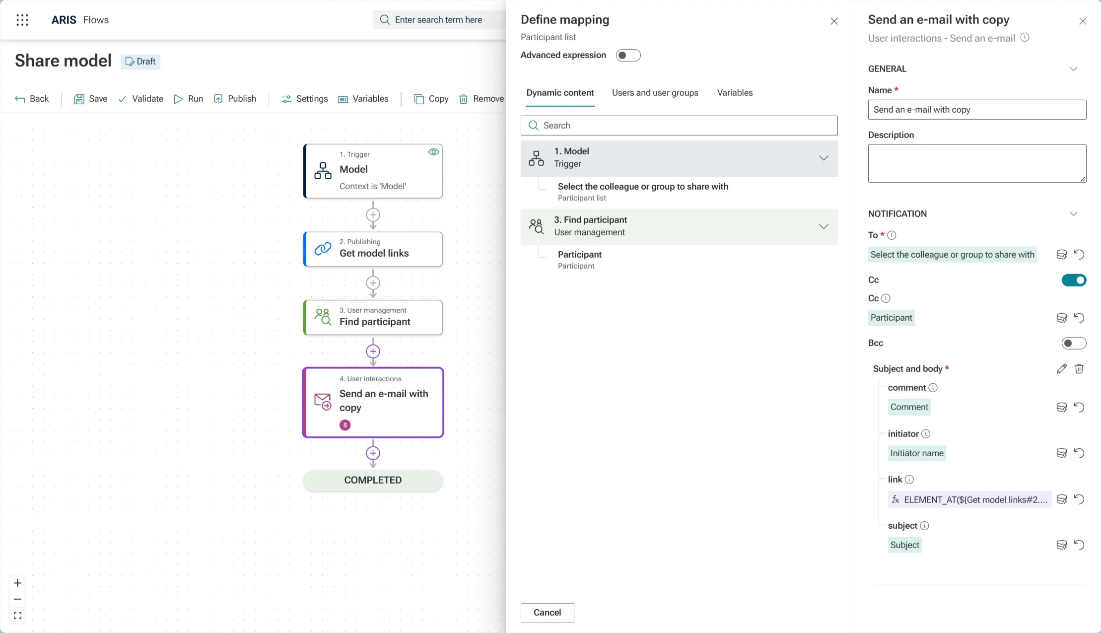 ARIS Flows - Send an email action