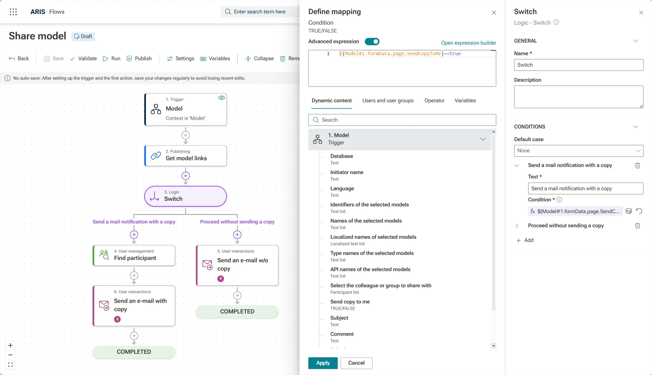 ARIS Flows - Switch condition mapping