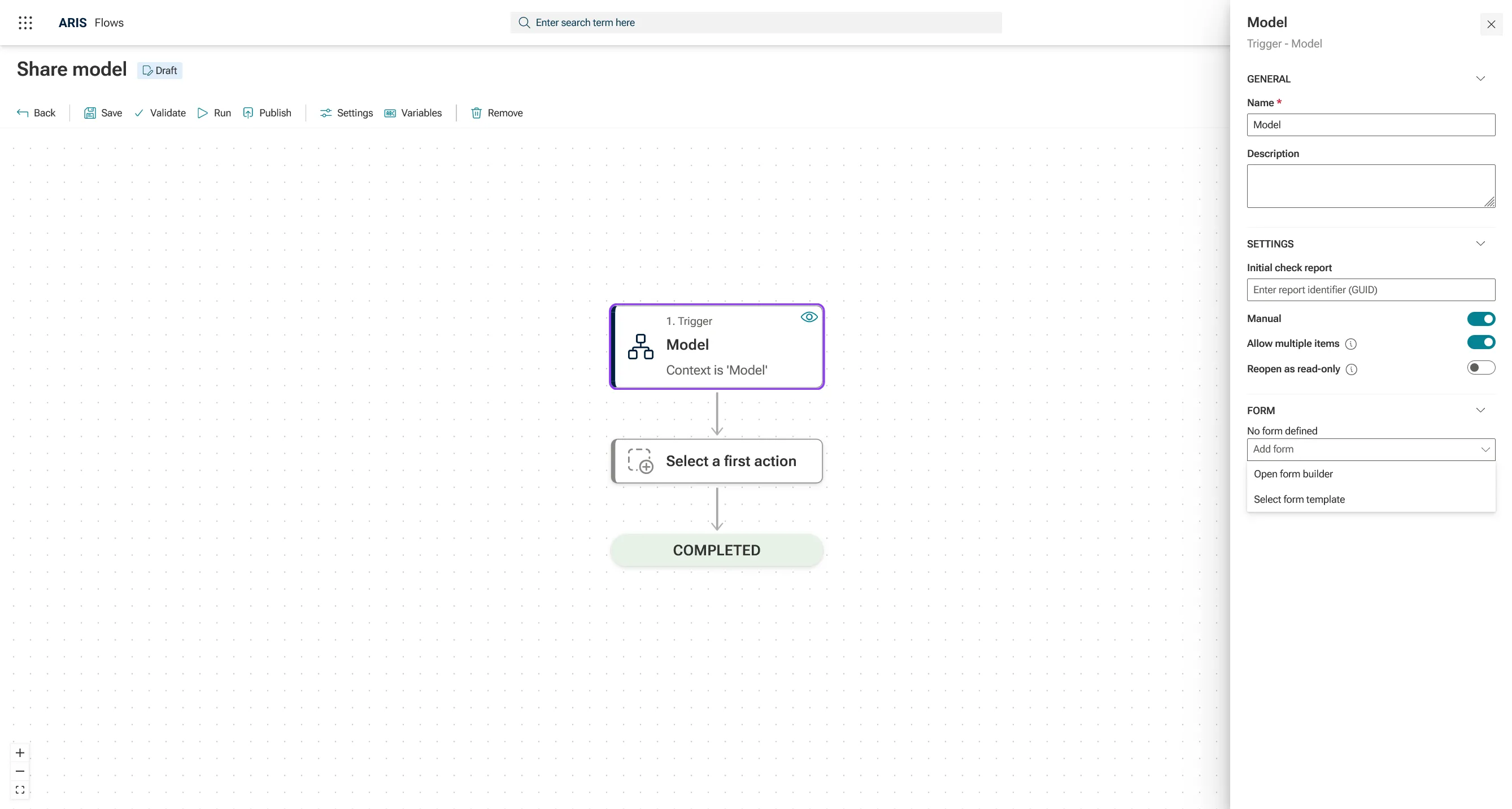 ARIS Flow - add form to trigger