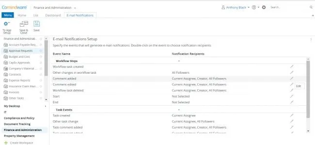 Notification settings in workflow automation software