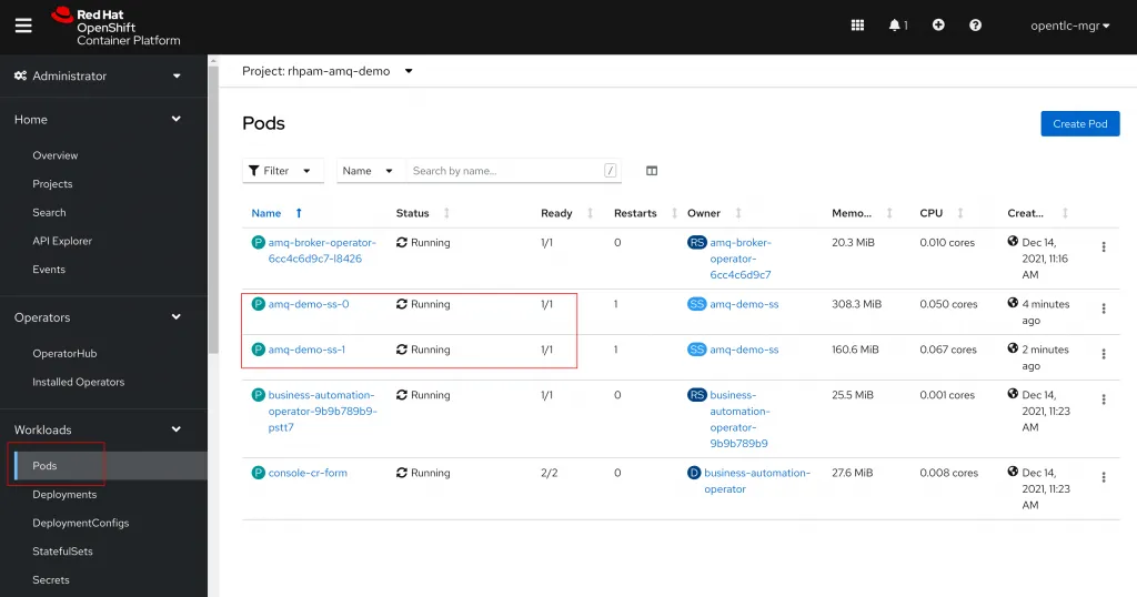 Validate the AMQ Broker pods deployment