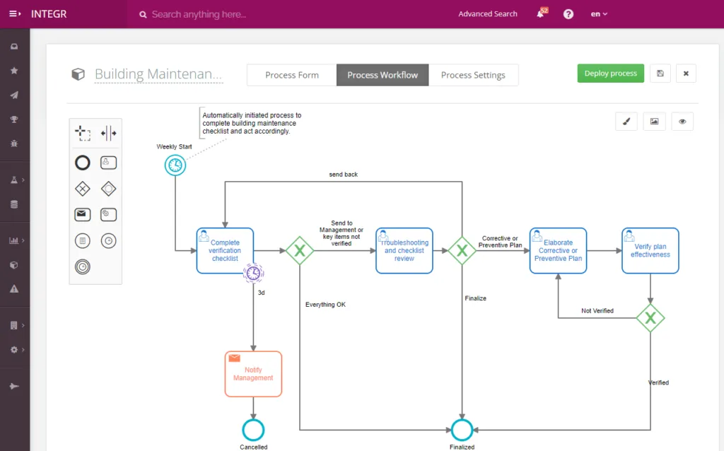 Checklist workflow in a building maintenance process with Flokzu BPM.
