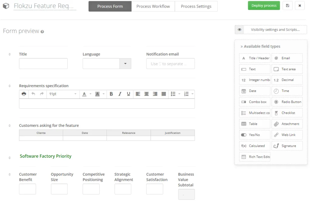 The Feature Request form, key element of the process automated in Flokzu.