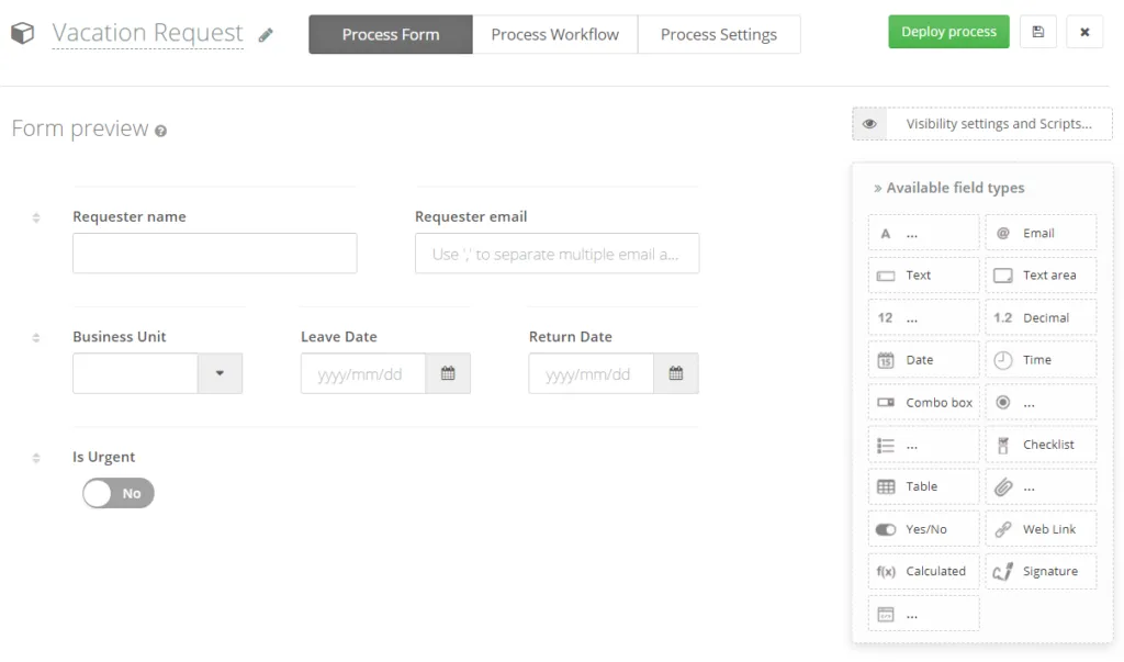 HR Form to receive Vacation Requests in Flokzu.