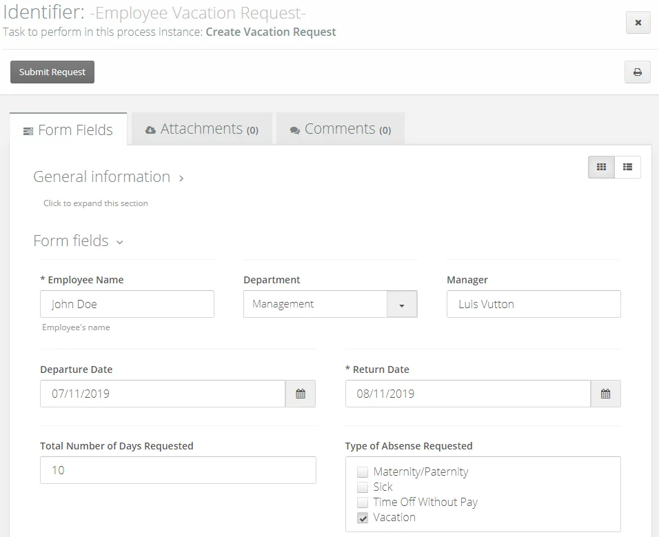 Vacation Request Process Form deployed and used by an end user in Flokzu Cloud Workflow.
