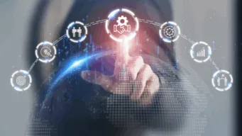 a hand touching a white digital icon