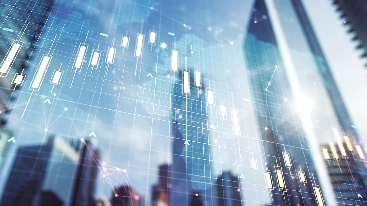 Skyscrapers overlaid with a financial graph.