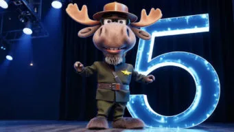 Moose in man's clothing standing next to the number 5