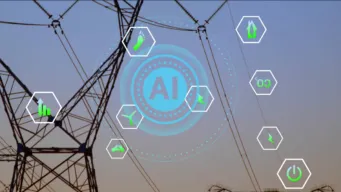 AI technology and energy icons over electrical power lines at sunset. innovation, artificial intelligence, electricity, efficiency, sustainability, grid