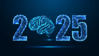 black background with blue "2025" in center: the "0" is represeented with a brain, signifying the year of performance engineering.