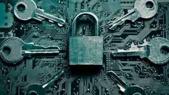 This is a stylized image showing AI Data security with a lock surrounded by keys.