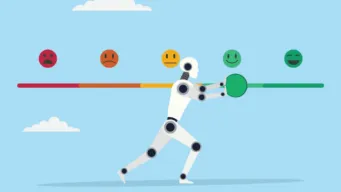 robot pushing green circle forward on a happiness meter
