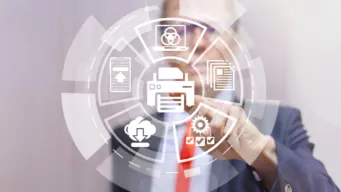 Man touching fax machine icon on the screen