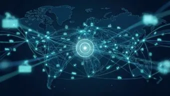 dark blue background with light blue lines depicting the global map and supply chain connections in 3D, indicating what was covered at Gartner Supply Chain Symposium/Xpo 2026