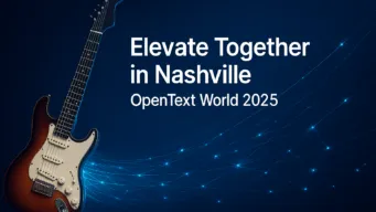 a guitar overlaid on a dark background with text reading "Opentext world"