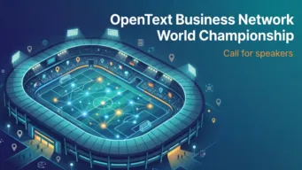 Bird's eye view of a soccer stadium with the words: OpenText Business Network World Championship - Call for speakers...indicating it's an OpenText World call for speakers