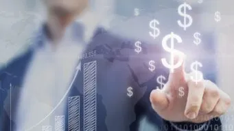 decorative image of a man pointing at a dollar sign