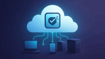 White cloud on blue background indicating data uploading to it.