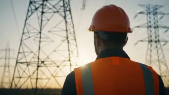 utility worker staring at transmission tower