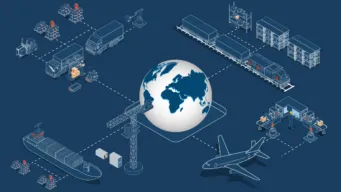 dark blue background with illustration of the globe surrounded by planes, buildings, and transport vehicles, indicating government supply chain visibility.