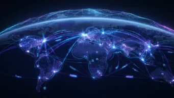 dark background and an illustration of the earth in light blue with a network drawn over it with planes, ships, trucks, and buildings, indicating an AI supply chain orchestration