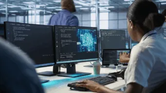 A cybersecurity analyst works at a desk with multiple monitors displaying code and a digital brain graphic, symbolizing artificial intelligence and data analysis, in a modern office environment.