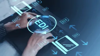 A digital banner for OpenText Business Network showing the headline “Accelerate growth with a unified integration platform.” The image features abstract blue and white graphics symbolizing data flow and connectivity across a global supply chain, with the OpenText logo and campaign tagline emphasizing digital transformation and mid-market growth.