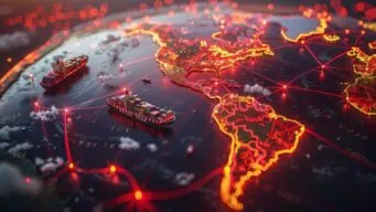 grey globe representing Earth with the continents outlined in red and toy battleships sit on the oceanic areas; the ships follow red lines (supply chain lines), indicating global manufacturing sentiment