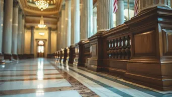 Looking down grand hallway of government building