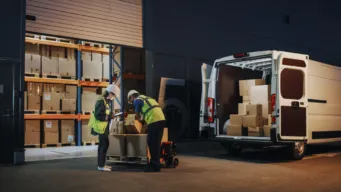 two workers checking boxes they are delivering; delivery van is open behind them and warehouse door is also open, indicating EDI adoption