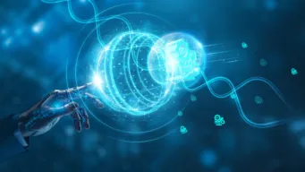 blue background with robotic hand pointing to code illustrating agentic AI and ai in devops.