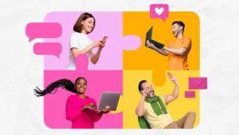 4 happy people in 4 squares using different devices