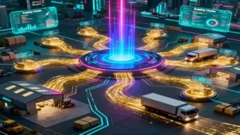 This is a stylized image of a multi-enterprise supply chain commerce network