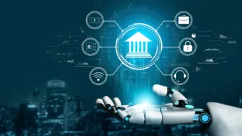 dark background with robotic hand; above hand a bank icon glows with file, ai, connectivity, etc icons surrounding it indicating agenti ai in banking