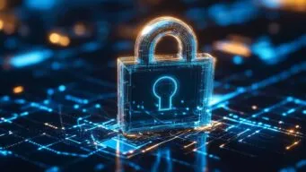 visually striking abstract illustration showcasing a security lock in bright light, symbolizing crypto & data protection and modern technology in a digital network.