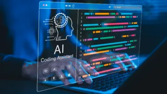 midshot of worker at laptop with dark background; floating view of testing screen above keyboard indicating better functional testing processes and practices for the new year