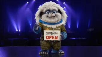 Yeti character holding a sign that says registration is open