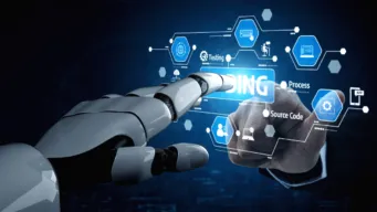 dark background with an AI, robot hand touching a transparent screen and a human hand touching the same spot from the other side, indicating autonomous testing and AI functional testing