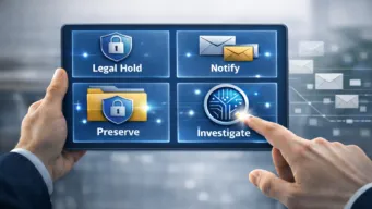 Text on screen reads: Legal Hold, Notify, Preserve, Investigate