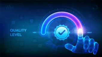 blue background with a quality "acceleration dash" with a finger dragging the point to turn it all the way up showing the future of quality management