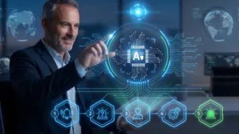 Autonomous IT Operations Management. A professional IT executive interacts with a glowing, circular holographic interface displaying a central processor chip labeled "AI." Connecting to the central processor is a five-stage horizontal flow diagram at the bottom, marked with numbered glowing hexagons and technical icons: (1) a bell icon for alert volume, (2) an alert symbol with a question mark for incident queue, (3) a profile icon for user tickets, (4) a gear icon for operational actions, and (5) a siren icon for system availability.