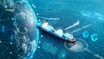 ocean blue background with half the globe on the left and a ship loaded with containers on the right with AI and IoT icons across the front, indicating Autonomous supply chain intelligence