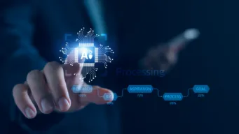 dark background with office worker's finger on an AI overlay, indicating agentic AI.