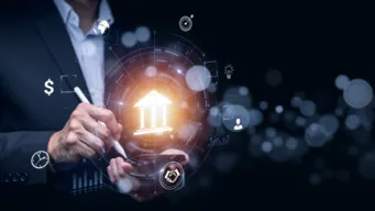 dark background with female office worker working on tablet with finance icons circling around her work indicating treasury modernization