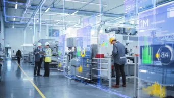 interior of warehouse with workers wearing hardhats, and it has a tech drawing over it, indicating IoT supply chain visibility