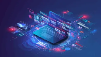 devops performance engineering icons surrounding laptop, illustration with blue background, indicating loadrunner is opentext performance engineering