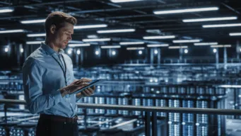 Image of a man on a laptop involved in DFIR and practicing zero trust surrounded by other computers
