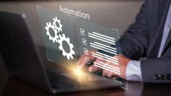 hand on mouse with lists and cogwheels popping up on the screen