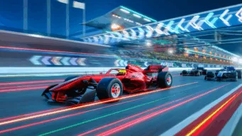 red race car blurs by at high speed depicting how OpenText DevOps Cloud is always ahead of competitors