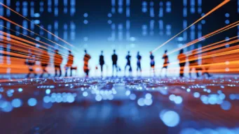 Abstract digital illustration of silhouetted figures on a blue technology background with orange data streams